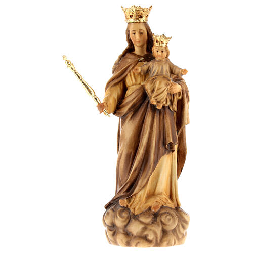 Estatua María Auxiliadora de madera de la Val Gardena, acabado con diferentes matices de marrón 1