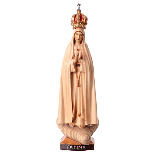 Our Lady of Fatima Valgardena wood statue with crown in shades of brown 1