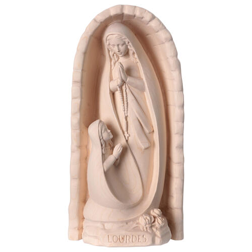 Our Lady of Lourdes and Bernadette in grotto, statue in natural maple wood 1