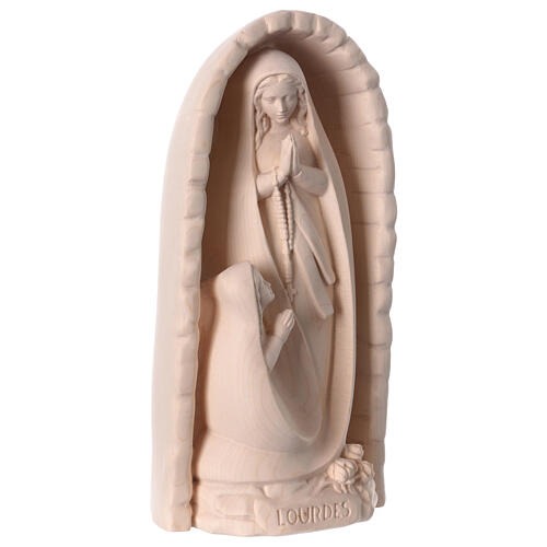 Our Lady of Lourdes and Bernadette in grotto, statue in natural maple wood 4