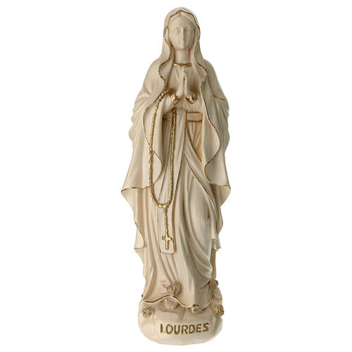 Virgen de Lourdes madera Val Gardena encerada hilo oro 1