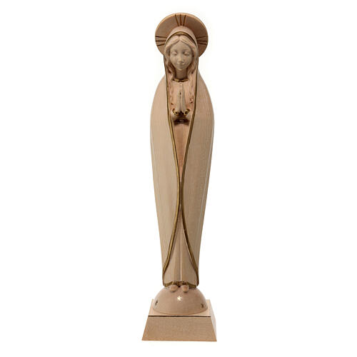 Nossa Senhora de Fátima estilizada madeira Val Gardena encerada fio ouro 1