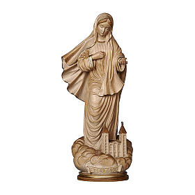 Our Lady of Medjugorje with church in wood of Valgardena burnished in 3 colours