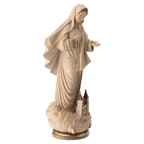 Our Lady of Medjugorje with church in wood of Valgardena burnished in 3 colours 7