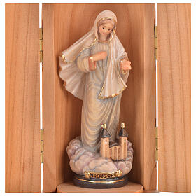 Statua Madonna Medjugorje e chiesa in nicchia legno