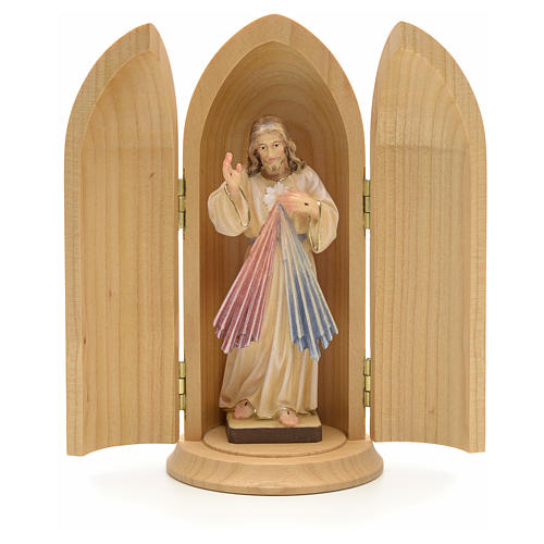 Statue Jésus Miséricordieux dans niche bois peint 1