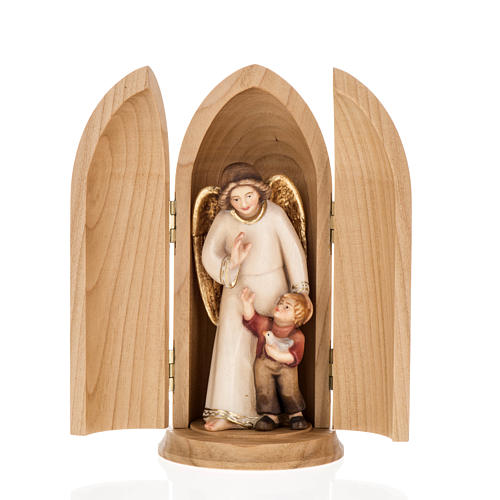 Statue Ange gardien avec enfant dans niche bois peint 1