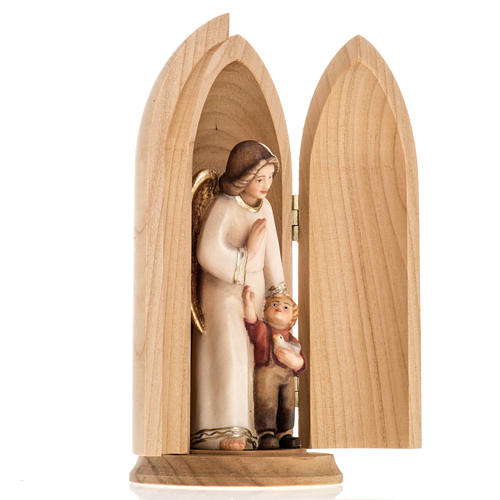 Statue Ange gardien avec enfant dans niche bois peint 4