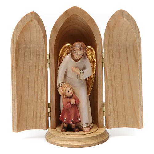 Angel with young girl in niche wooden statue painted 1
