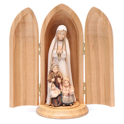 Statue Notre Dame de Fatima et 3 enfants dans niche bois peint 1