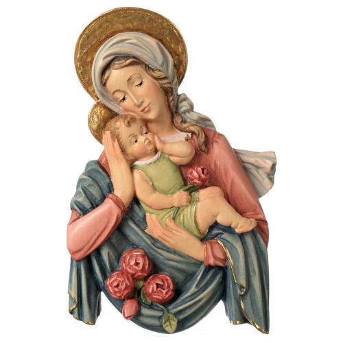 Relieve Virgen y Niño rosas madera coloreada Valgardena 1