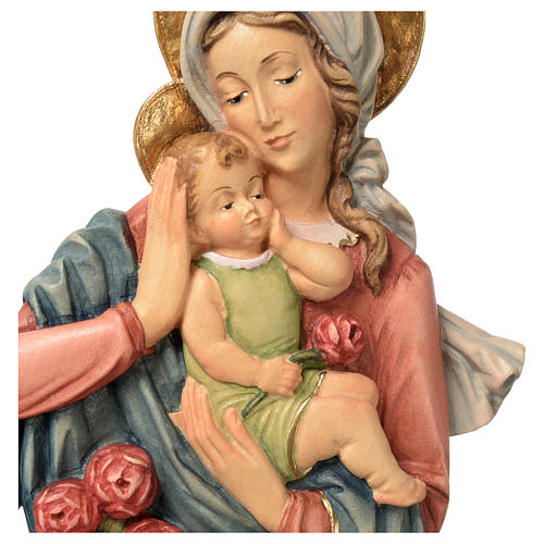 Relieve Virgen y Niño rosas madera coloreada Valgardena 2