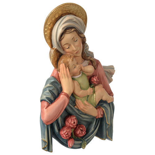 Relieve Virgen y Niño rosas madera coloreada Valgardena 3