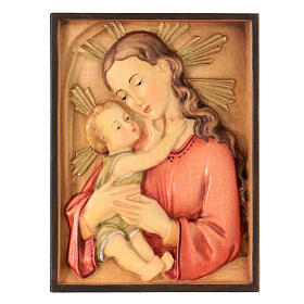 Madonna and baby rectangular relief, coloured Valgardena wood