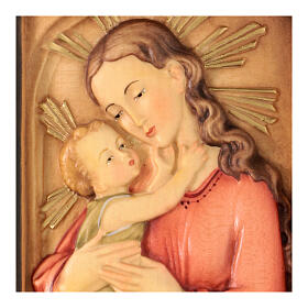 Madonna and baby rectangular relief, coloured Valgardena wood