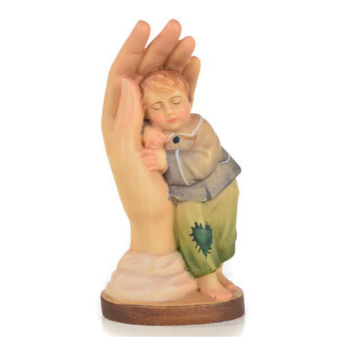 Protective hand with baby boy in Valgardena wood 1