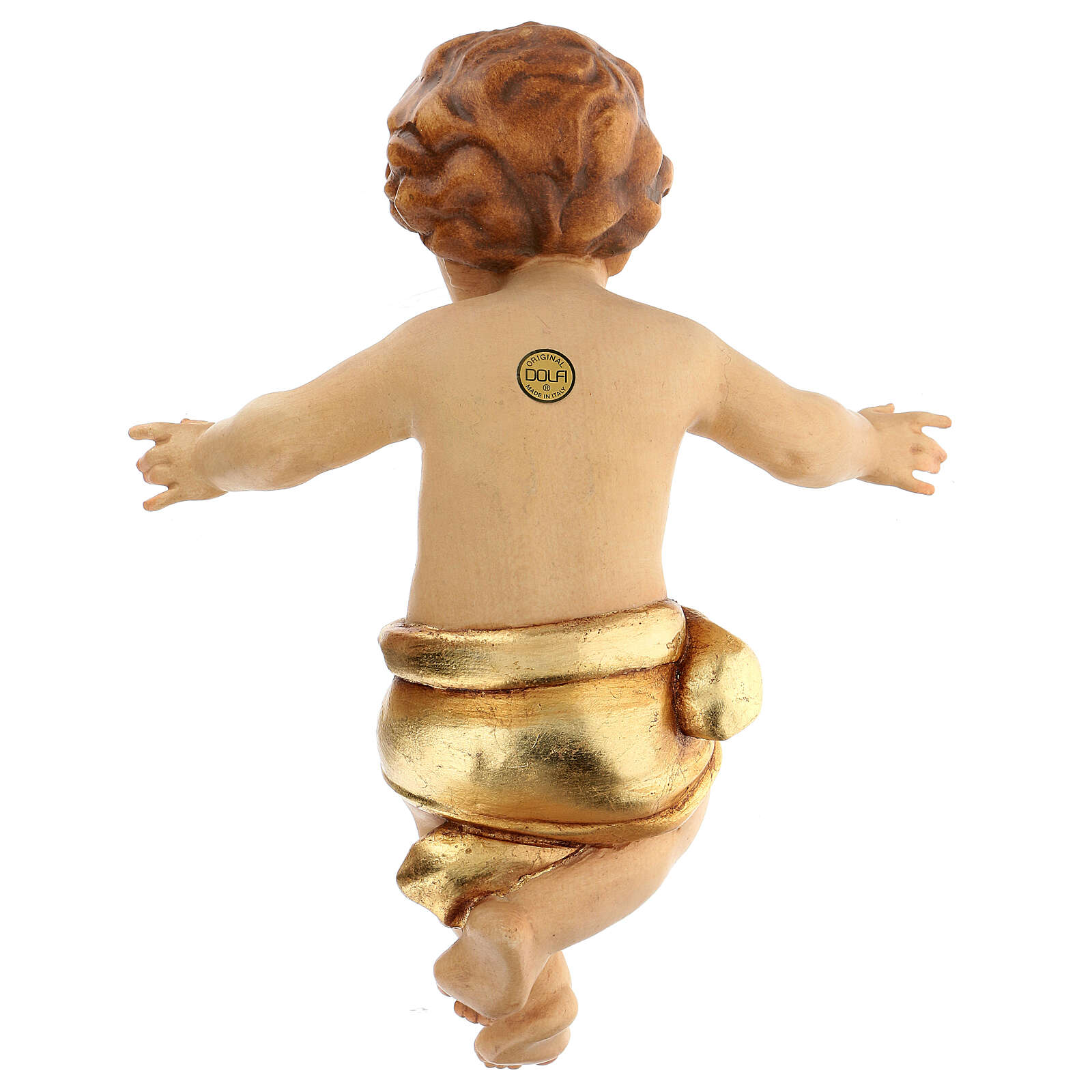Bambinello GesÃ¹ braccia aperte in legno drappo dorato