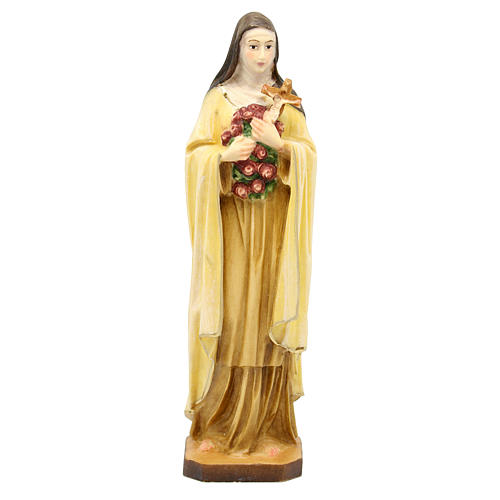 Statue Sainte Thérèse en bois coloré avec roses rouges 1