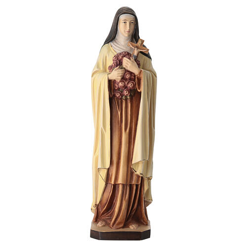 Statue Sainte Thérèse en bois coloré avec roses rouges 1
