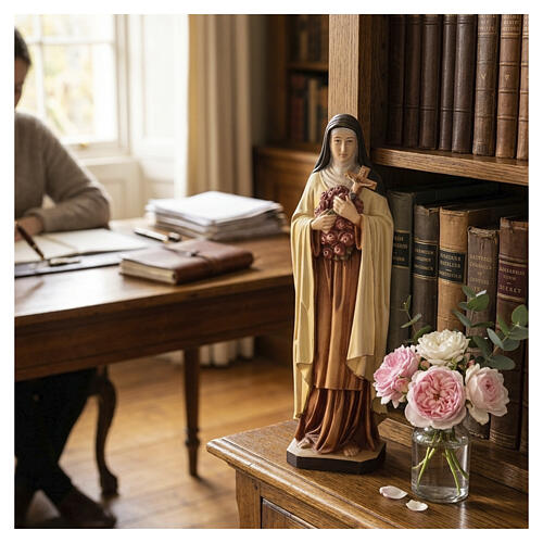 Saint Theresa painted wood statue with roses, Val Gardena 2