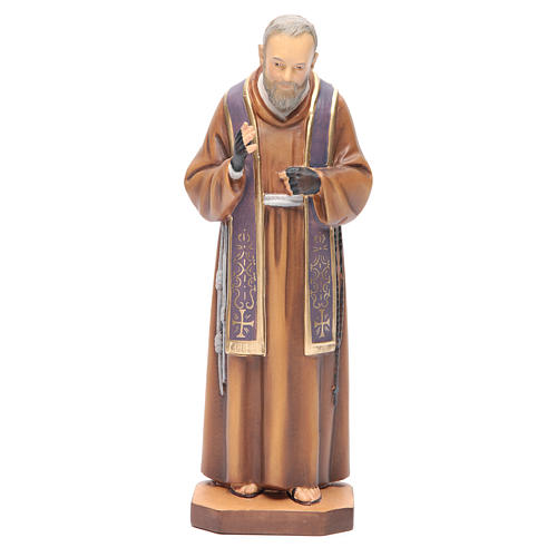 Statue Pater Pio mit Stola bemalten Grödnertal Holz 1