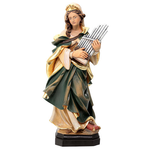 Saint Cecilia with musical instrument painted wood statue, Val Gardena 1