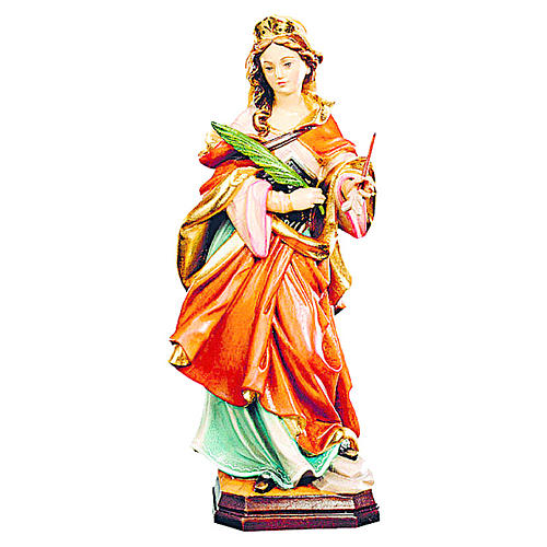 Saint Ursula with red dress and green palm in painted wood, Val Gardena 1