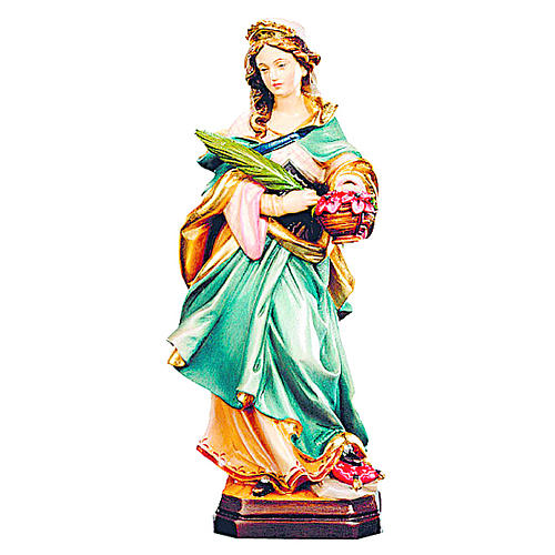 Saint Dorothea with flowers painted wood statue, Val Gardena 1