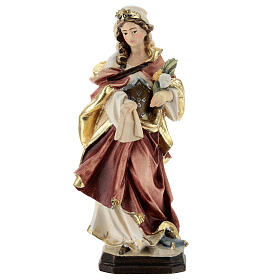Statue de Sainte Véronique en bois avec robe rouge et fleurs blanches