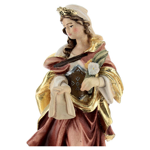 Statue de Sainte Véronique en bois avec robe rouge et fleurs blanches 2