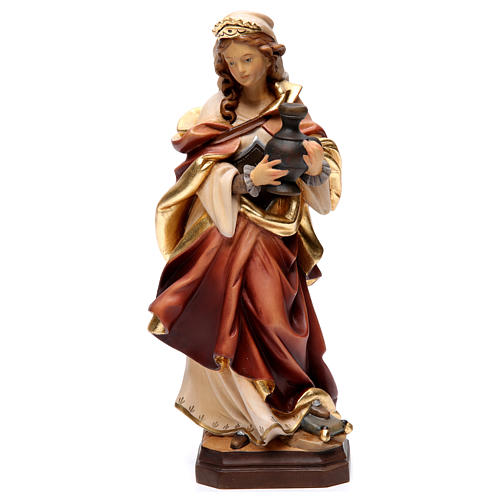 Statue of Mary Magdalene in painted wood with red dress and pitcher 1