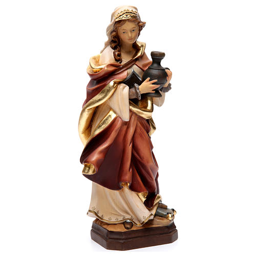 Statue of Mary Magdalene in painted wood with red dress and pitcher 3