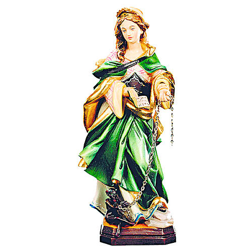 Santa Juliana de madera pintada con vestido verde y demonio encadenado 1