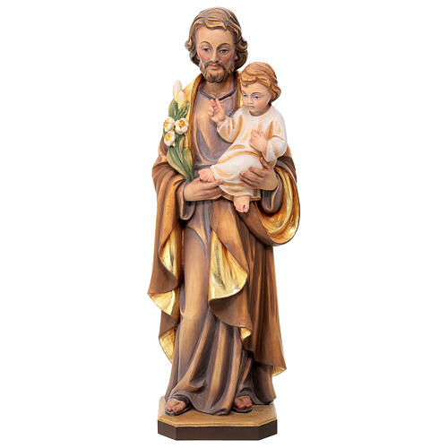 Statue St Joseph et Enfant Jésus bois peint fleurs blancs rouges 1