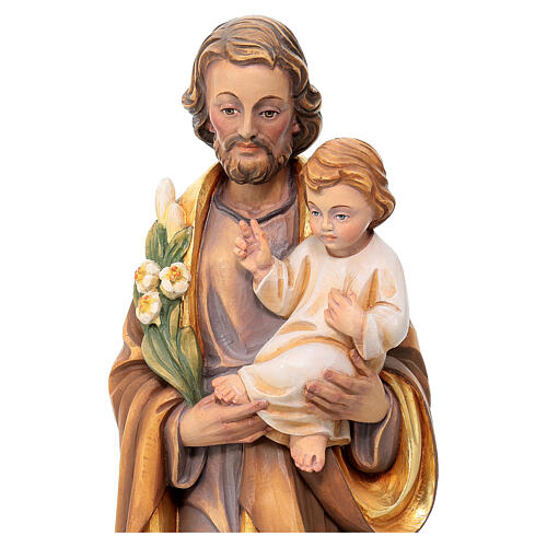 Statue St Joseph et Enfant Jésus bois peint fleurs blancs rouges 2