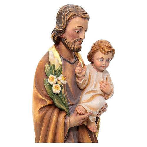 Statue St Joseph et Enfant Jésus bois peint fleurs blancs rouges 4
