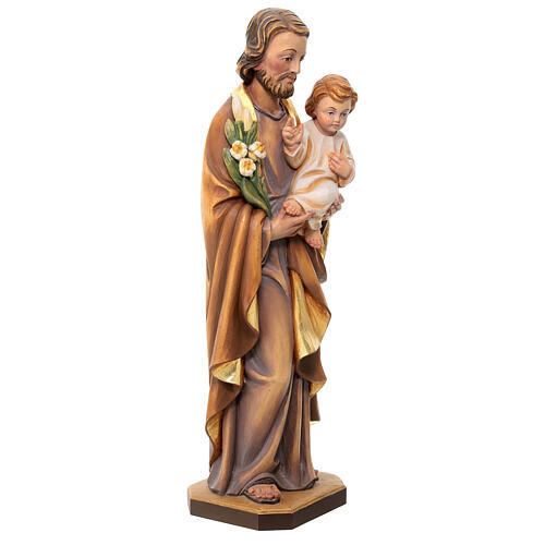 Statue St Joseph et Enfant Jésus bois peint fleurs blancs rouges 5