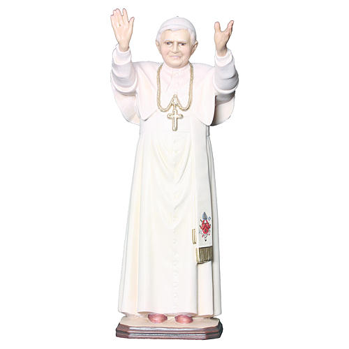 Statue Pape Benoît XVI bois peint croix dorée blanche 1