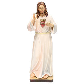 Estatua madera pintada Val Gardena Sagrado Corazón de Jesús vestido blanco
