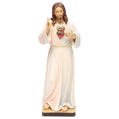 Imagem madeira pintada Val Gardena Sagrado Coração de Jesus túnica branca 1