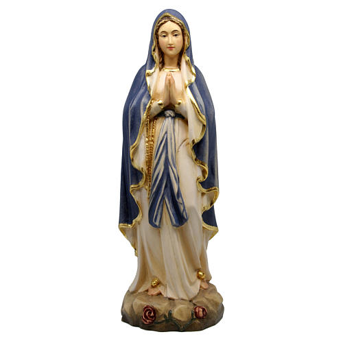 Statue Notre-Dame Lourdes bois Valgardena coloré cape bleue 1