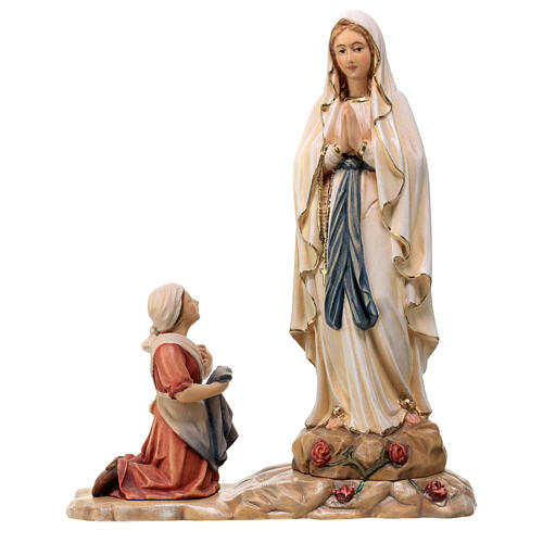 Estatua de la Virgen de Lourdes con Bernadette de madera pintada de la Val Gardena 1
