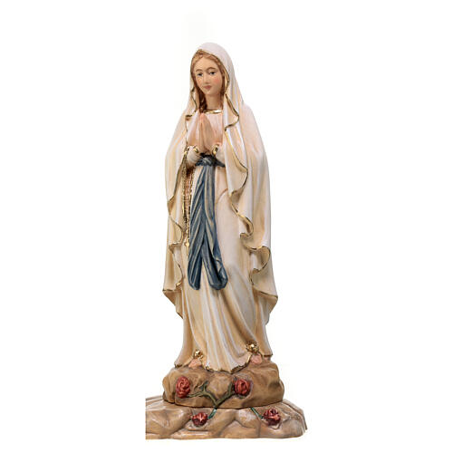 Estatua de la Virgen de Lourdes con Bernadette de madera pintada de la Val Gardena 2
