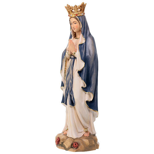 Estatua Virgen de Lourdes con corona y capa azul de madera pintada de la Val Gardena 3