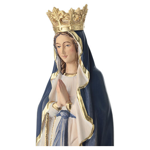 Estatua Virgen de Lourdes con corona y capa azul de madera pintada de la Val Gardena 3