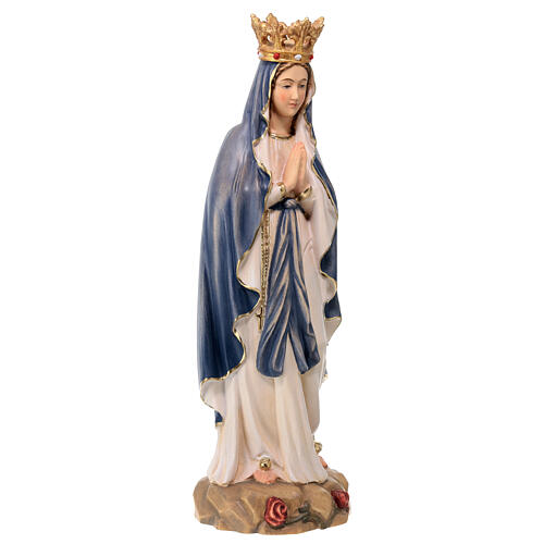 Statue Notre-Dame Lourdes avec couronne bois Valgardena coloré cape bleue 5