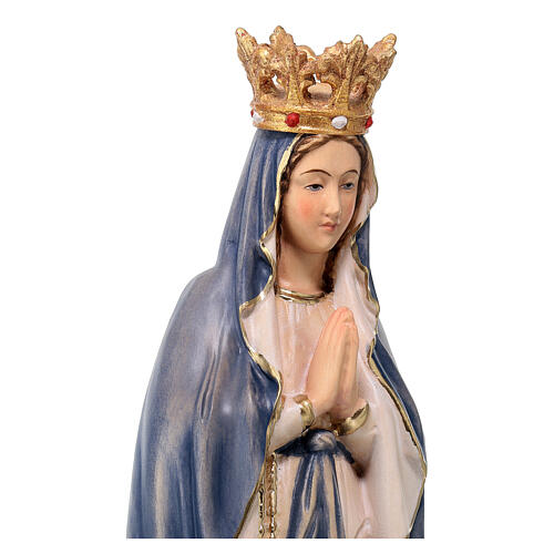 Statua Madonna Lourdes con corona legno Valgardena colorato manto blu 4