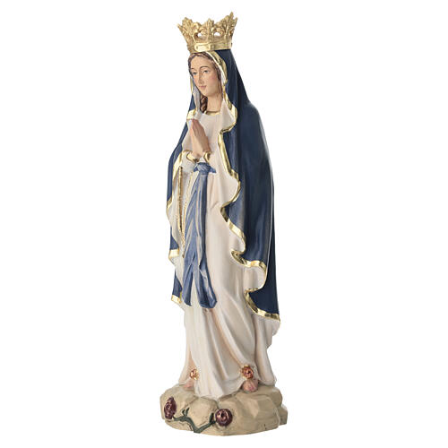 Statua Madonna Lourdes con corona legno Valgardena colorato manto blu 5