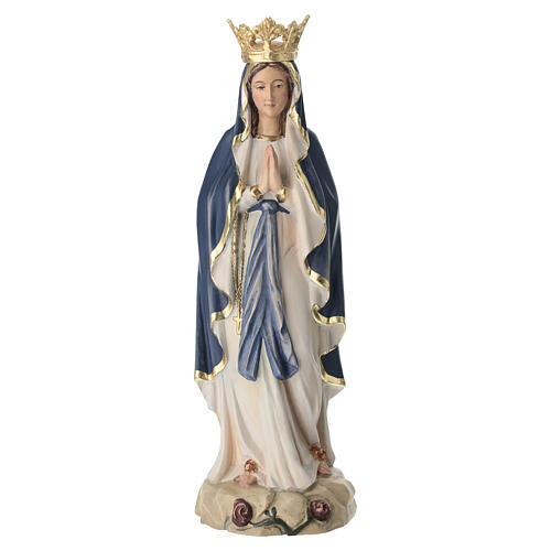 Imagem Nossa Senhora Lourdes com coroa madeira Val Gardena corada manto azul 1