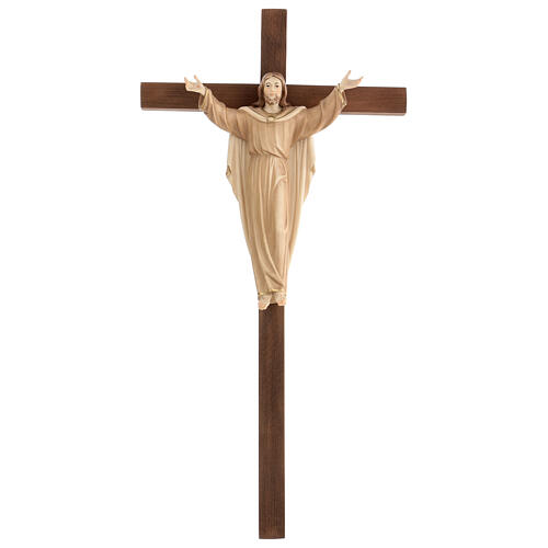 Auferstandener Christus Grödnertal Holz auf Kreuz braunfarbig 1